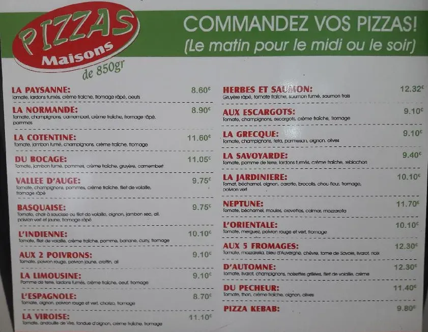 carte pizzas